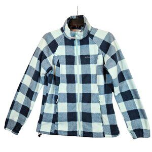 Columbia Womens M Blue White Plaid Zip Fleece zip Jacket pockets outdoor casual